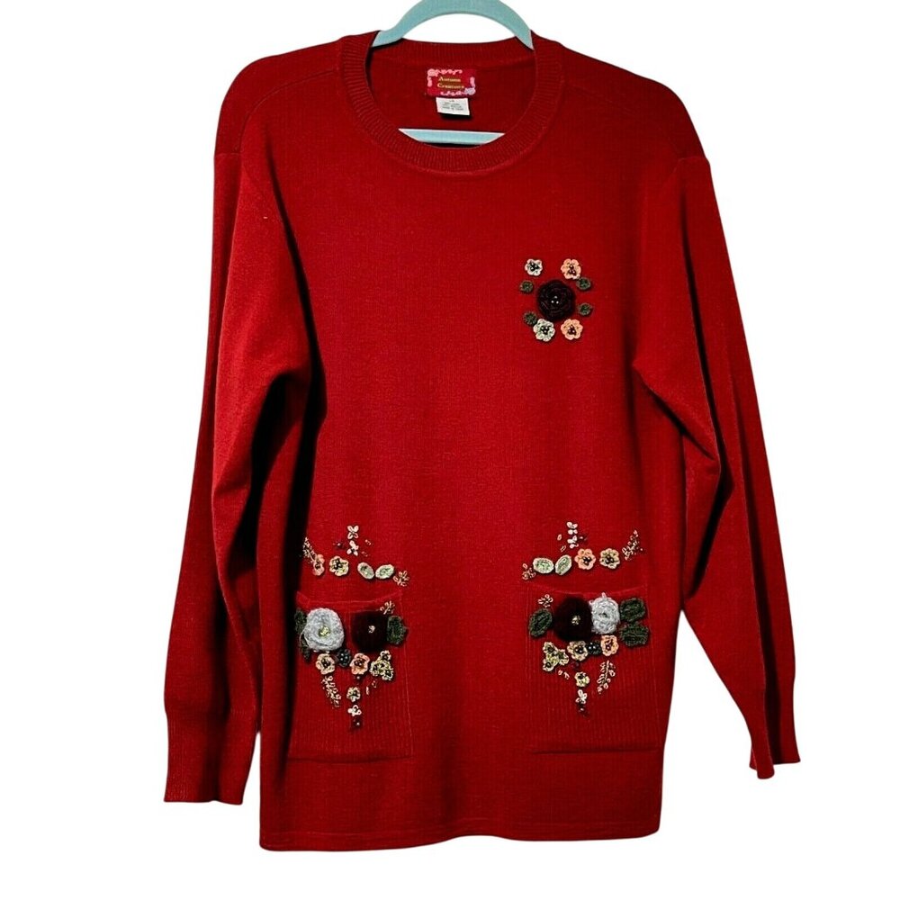 Vintage Autumn Creations  Size L Red Floral Embroidered Sweater With Pockets